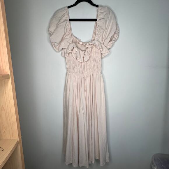 Eye of The Needle Boutique Beige Puff Sleeve Midi Dress Size Medium - Picture 2 of 7